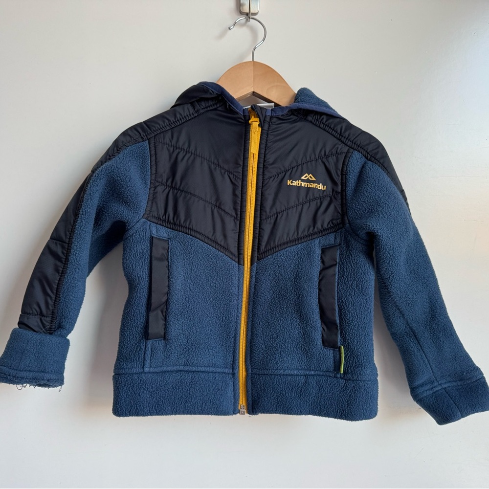 Kathmandu hooded fleece jacket 2T blue fleece body black quilted yellow full zip